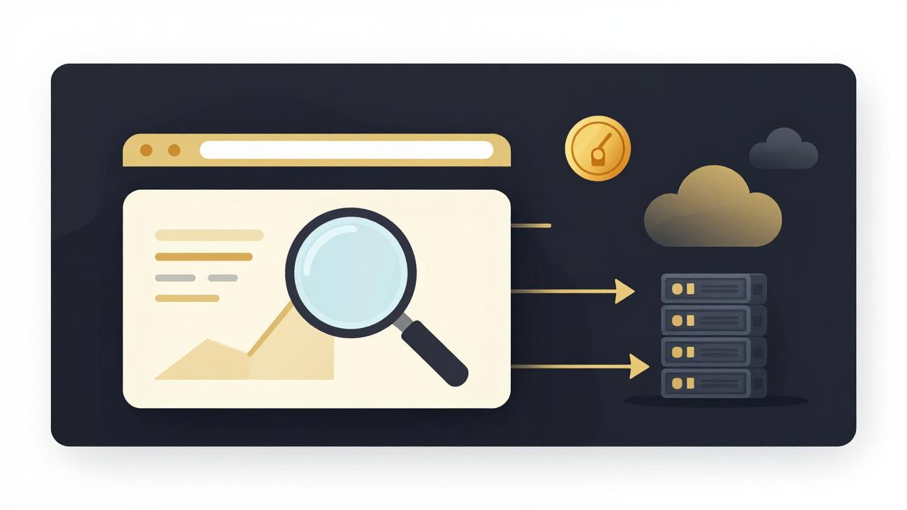 Magnifying glass inspecting a website with data flowing out