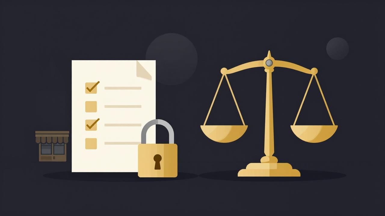 Scales of justice with a padlock and compliance checklist