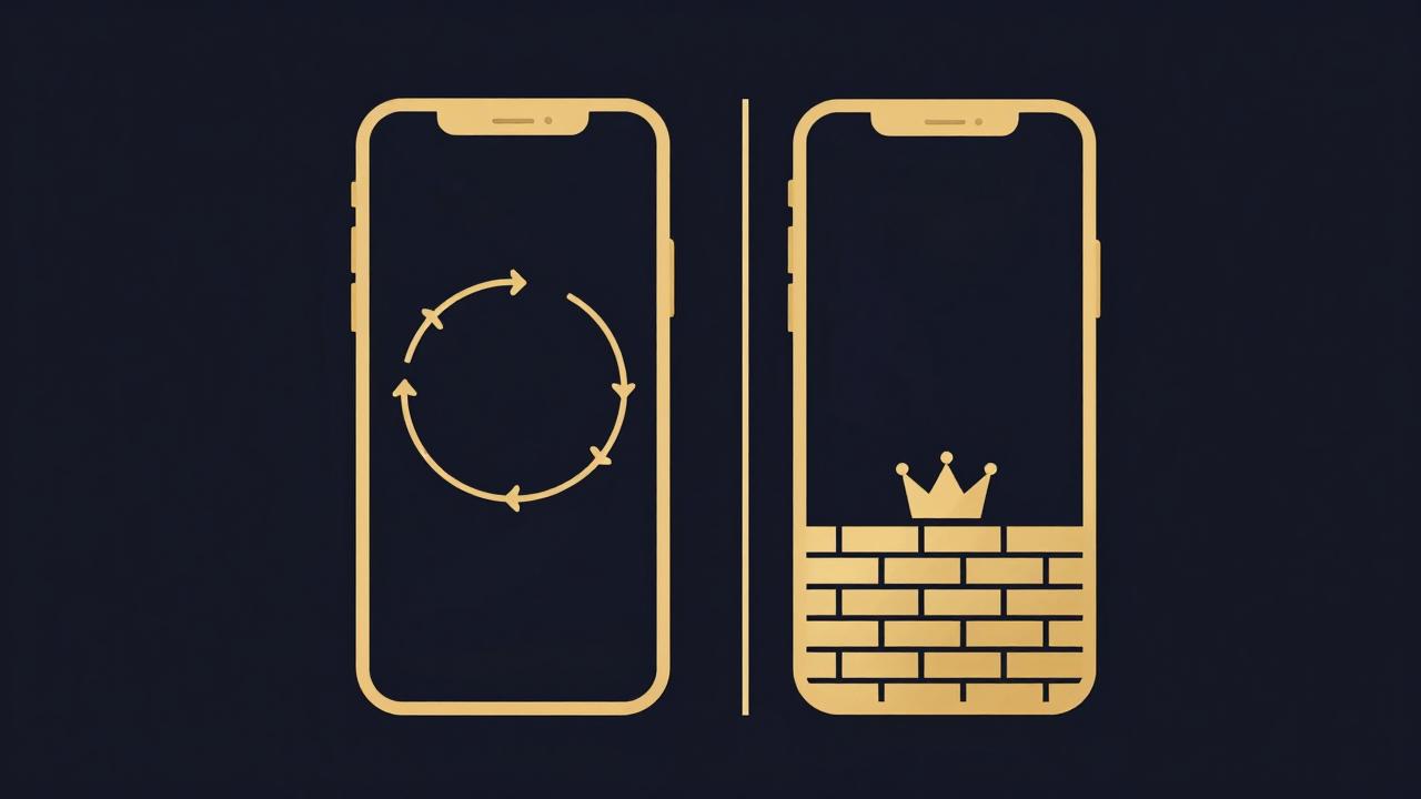 Two smartphones, one surrounded by tracking arrows, one protected behind a gold wall