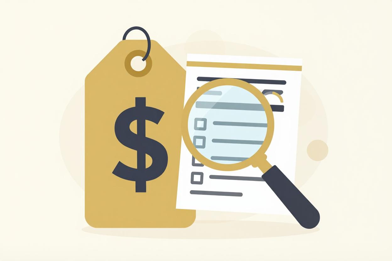 Gold price tag with a magnifying glass over an audit report