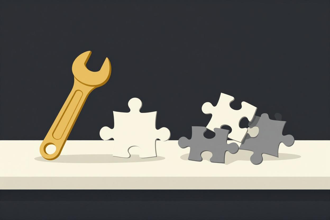 Golden wrench building a web page versus a pile of grey puzzle pieces