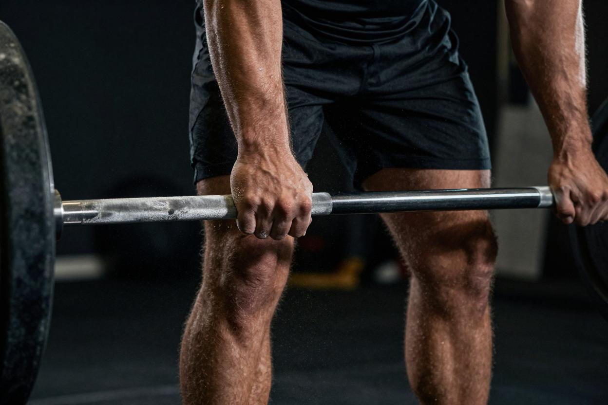 Barbell with chalked hands preparing a heavy lift at FORGE Athletics Montréal