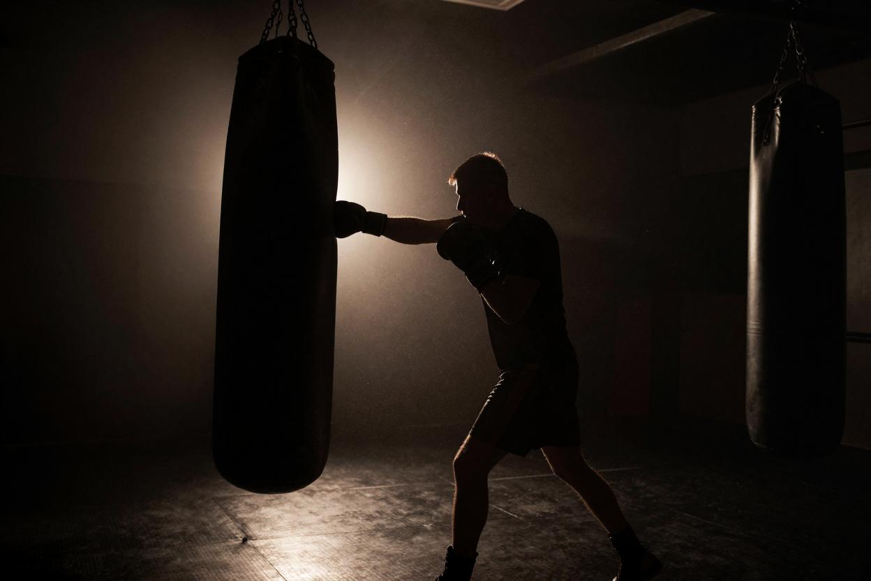 Boxer striking a heavy bag silhouetted by a beam of light in the training studio