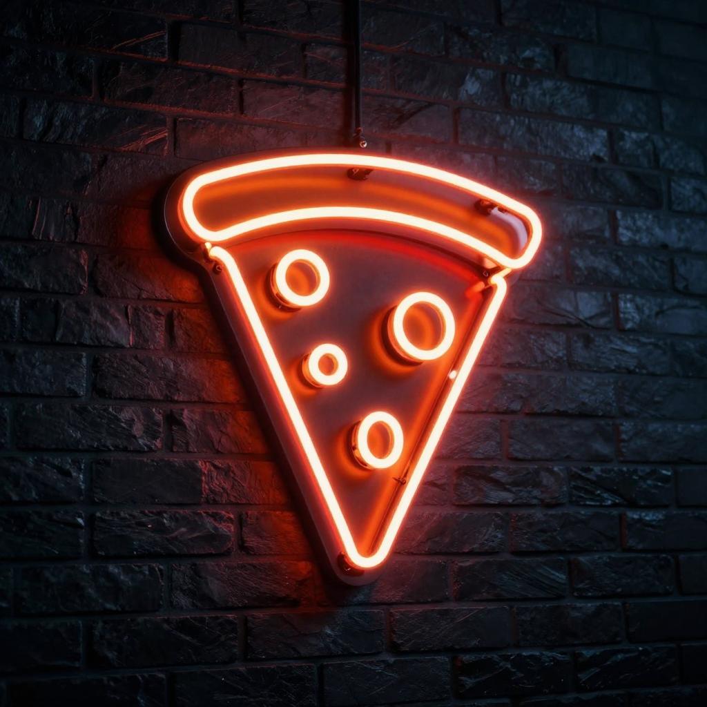 Forno Nero glowing neon pizza slice sign, wood-fired pizzeria in Montreal