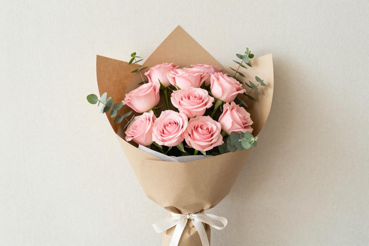 Blush pink garden roses wrapped in kraft paper with eucalyptus