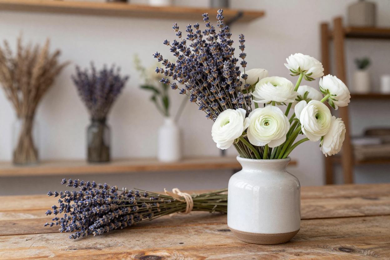 Dried lavender bundle with white ranunculus in a ceramic vase