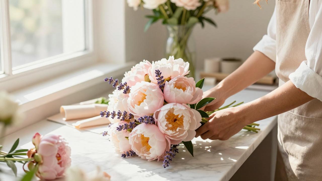 Florist arranging pastel peonies and lavender in a sunlit Montréal flower atelier